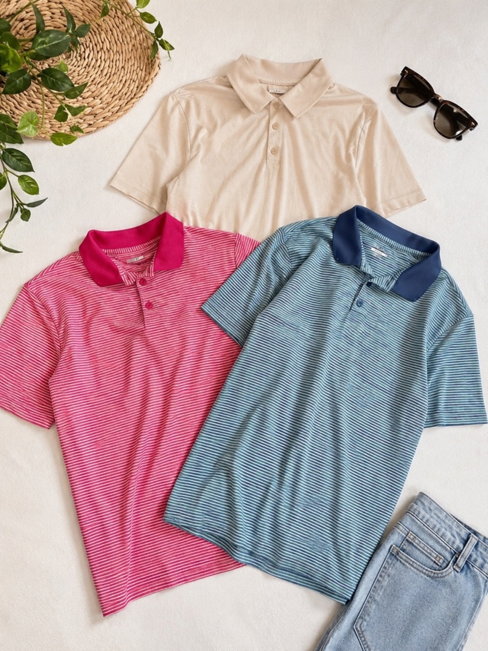 BCG Men’s golf polos  - Pink, Blue & Cream - Classic Short Sleeve. BUNDLE
